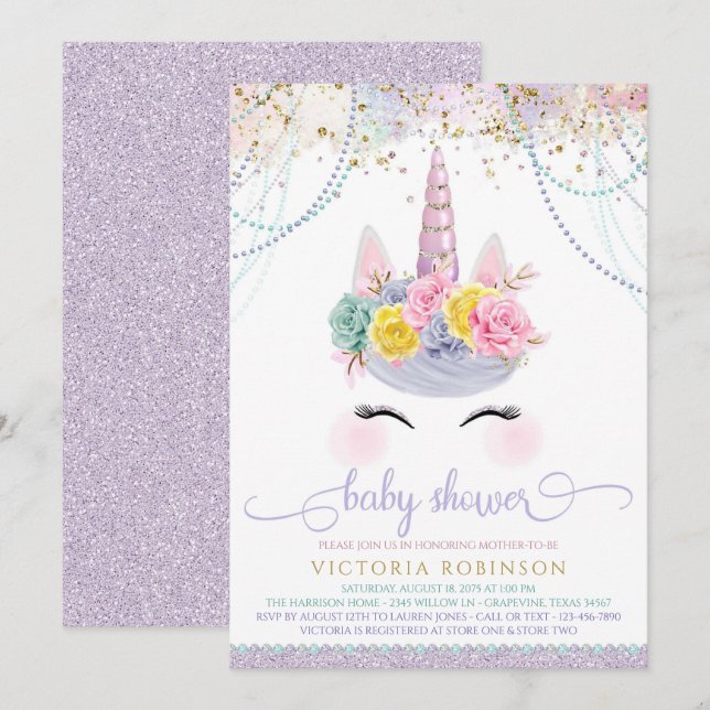 Purple Unicorn Girl Baby Shower Invitation (Front/Back)