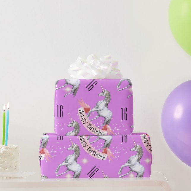 Purple unicorn girls birthday age wrapping paper (Party Gifts)
