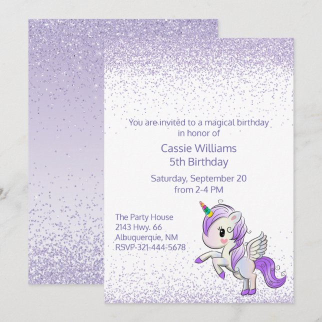 Purple Unicorn Girls Birthday Party Invitation (Front/Back)