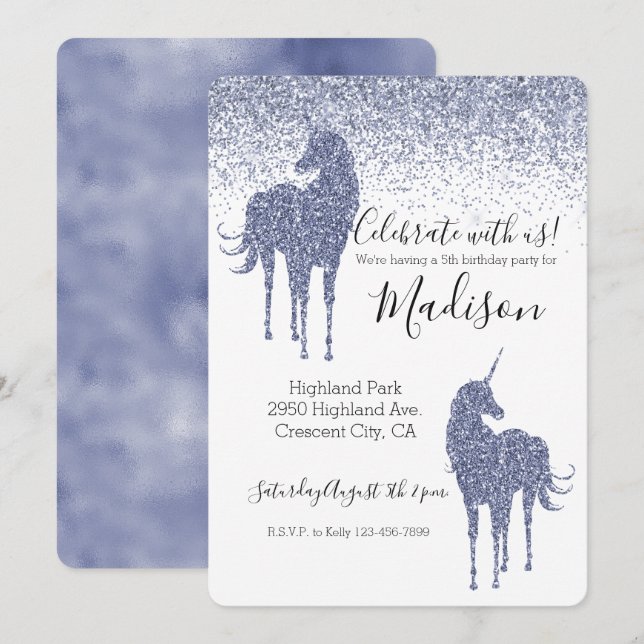 Purple Unicorn Glitter Invitation (Front/Back)