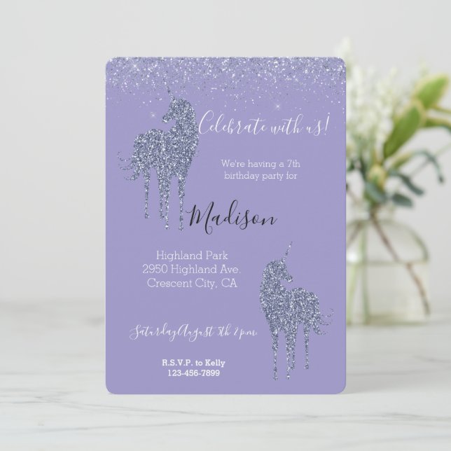 Purple Unicorn Glitter Invitation (Standing Front)