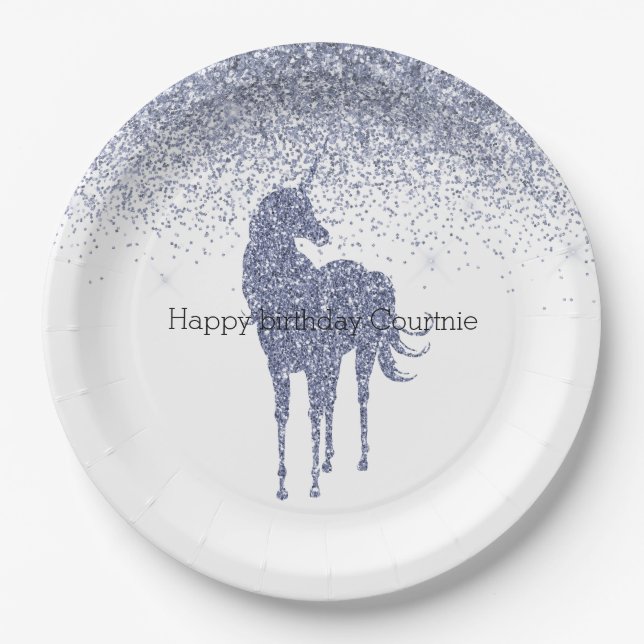 Purple Unicorn Glitter personalised Paper Plate (Front)