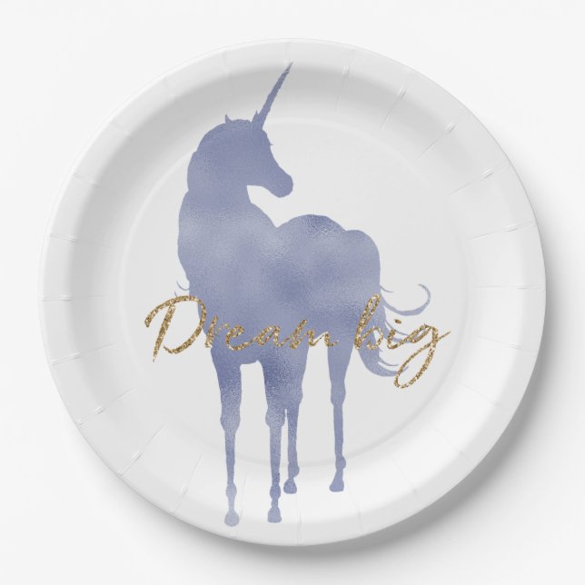 Purple Unicorn Gold Glitter Dream Big Sparkle Paper Plate (Front)