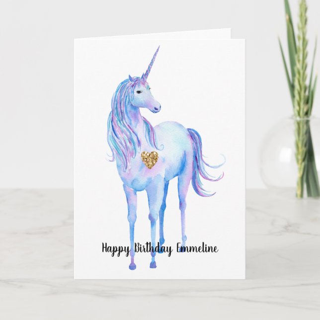 Purple Unicorn Gold Glitter Heart personalised Card (Front)