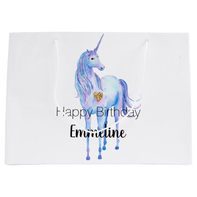 Purple Unicorn Gold Glitter Heart personalised Large Gift Bag (Front)