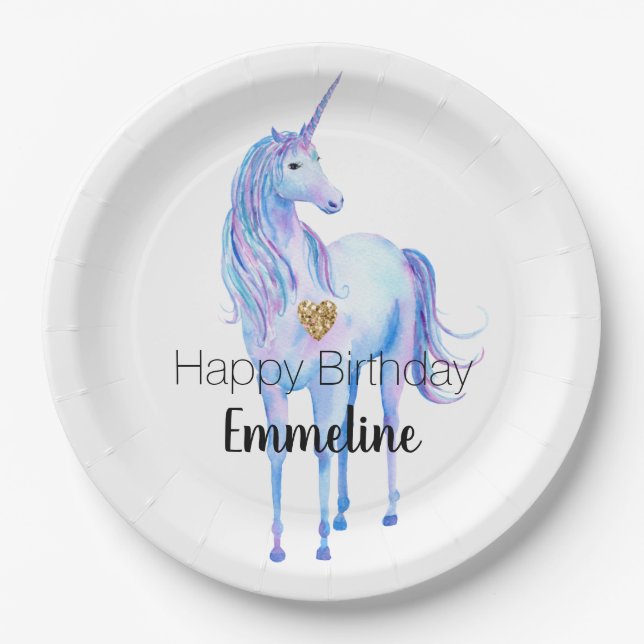 Purple Unicorn Gold Glitter Heart personalised Paper Plate (Front)