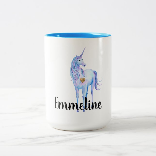 Purple Unicorn Gold Glitter Heart personalised Two-Tone Coffee Mug (Center)