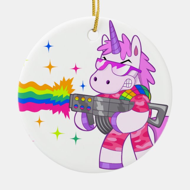 Purple Unicorn - Gun Ceramic Tree Decoration (Front)