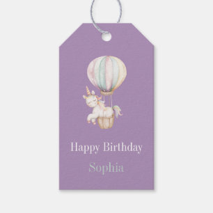 Purple Unicorn Hot Air Balloon Birthday Gift Tags