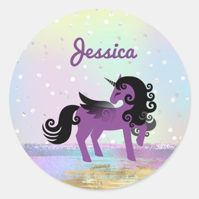 Purple Unicorn on a Pastel Faux Glitter Cloud Classic Round Sticker (Front)