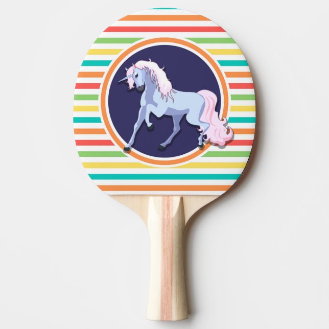 Purple Unicorn on Bright Rainbow Stripes Ping Pong Paddle (Front)