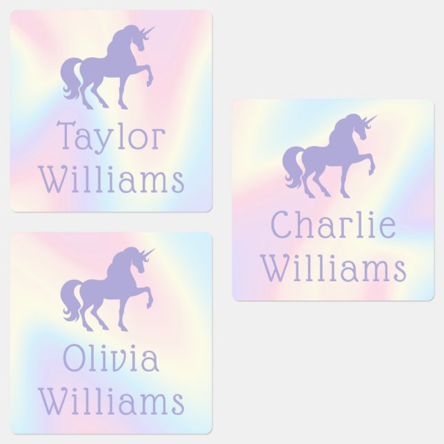 Purple unicorn pastel rainbow kids adhesive name (Group)