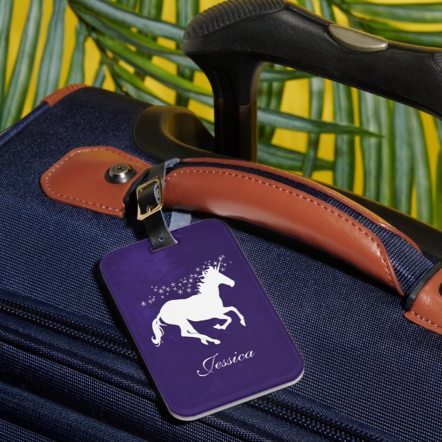 Purple Unicorn Personalised Luggage Tag (Front Insitu 1)