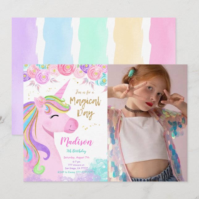 Purple Unicorn Photo Invitation (Front/Back)