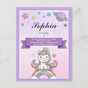 Purple Unicorn Rainbow Kids Birthday Invitation Postcard
