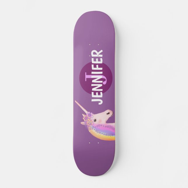 Purple Unicorn Rainbow Personalised Monogram Girls Skateboard (Front)