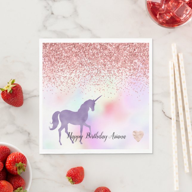 Purple Unicorn Rainbow Pink Glitter Sparkle Heart Napkin (Insitu)