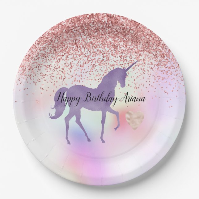 Purple Unicorn Rainbow Pink Glitter Sparkle Heart  Paper Plate (Front)