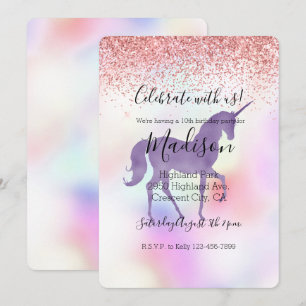 Purple Unicorn Rainbow Pink Glitter Sparkle Invitation