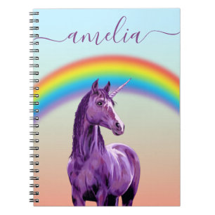 Purple Unicorn & Rainbow Pretty Calligraphy Name Notebook