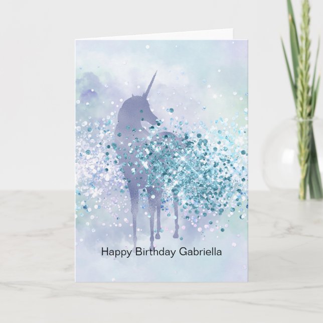 Purple Unicorn Sparkle Aqua Glittery Confetti      Card (Front)