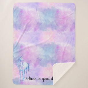 Purple Unicorn Watercolor Believe Sherpa Blanket