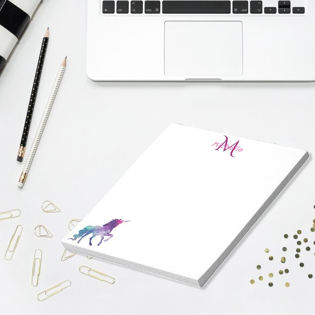 Purple unicorn white monogrammed notepad (Creator Uploaded)