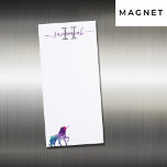 Purple unicorn white pink monogram name magnetic notepad<br><div class="desc">A fantasy unicorn in turquoise, purple and a bit pink. White background. Personalise and add Your name and monogram letter in purple and grey. The name is written with a trendy hand lettered style script with swashes. To keep the swashes only delete the sample name, leave the spaces or emoji's...</div>