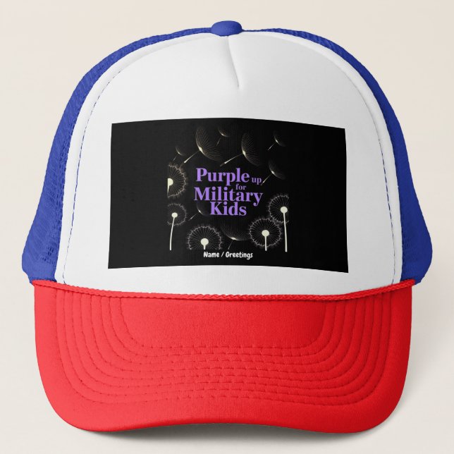 Purple Up for Military Kids Dandelion Show Support Trucker Hat (Front)