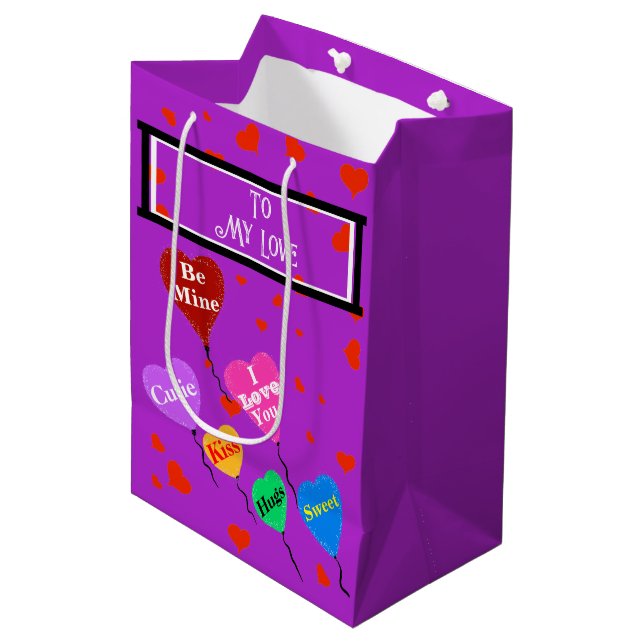 Purple Valentine I Love You Hearts Medium Gift Bag (Front Angled)