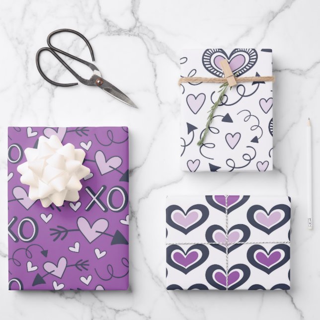 Purple Valentines Day Hearts Wrapping Paper Sheet (Front)