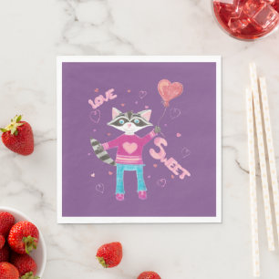 Purple Valentine's Day napkins with racoon