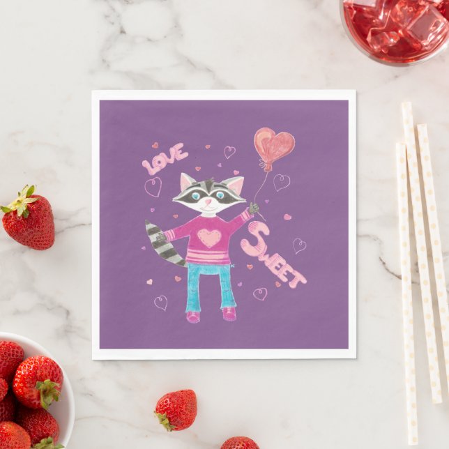 Purple Valentine's Day napkins with racoon (Insitu)