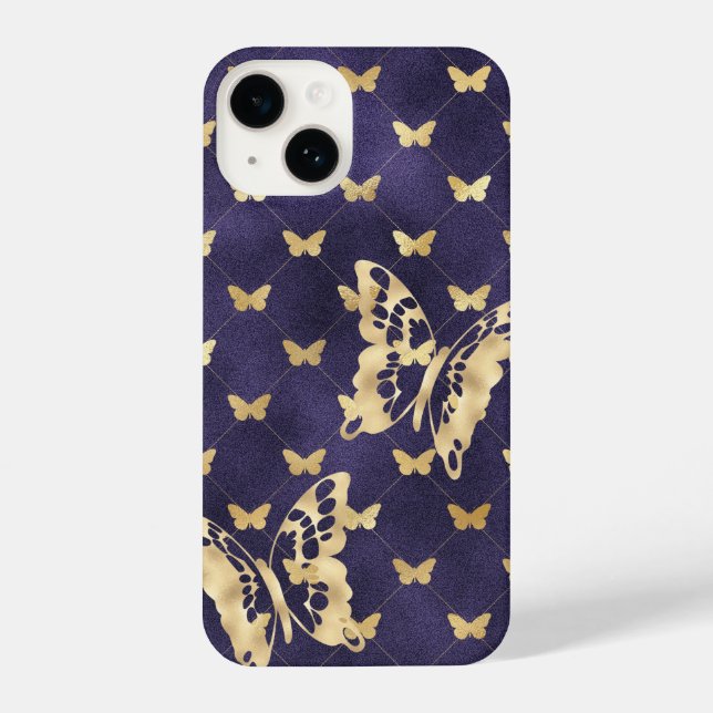 Purple Velvet Golden Butterflies iPhone 14 Cases (Back)