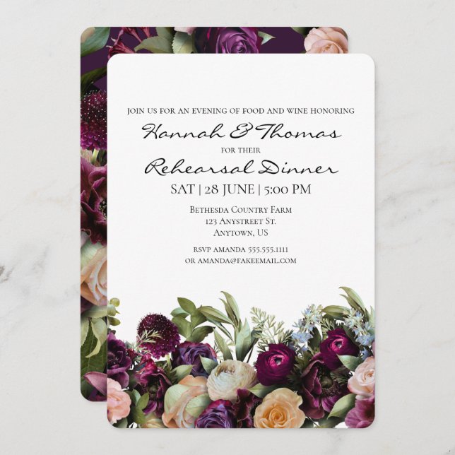 Purple Victorial Elegant Floral Rehearsal Dinner Invitation (Front/Back)
