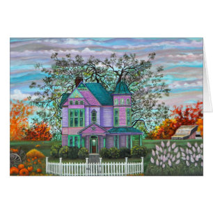 Purple Victorian House Pumpkins Wagon Fall Trees