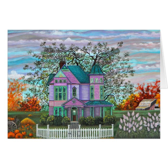 Purple Victorian House Pumpkins Wagon Fall Trees (Front Horizontal)