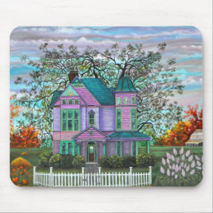 Purple Victorian House Pumpkins Wagon Fall Trees Mouse Mat