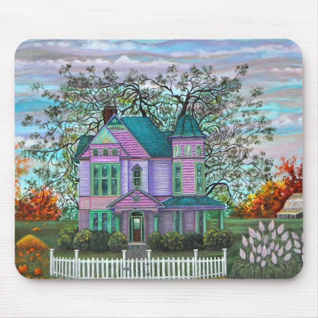 Purple Victorian House Pumpkins Wagon Fall Trees Mouse Mat (Front)