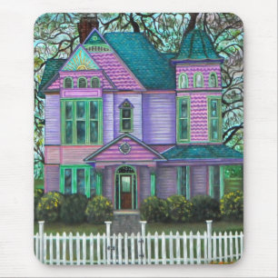 Purple Victorian House Pumpkins Wagon Fall Trees Mouse Mat