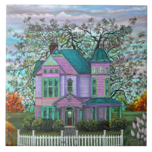 Purple Victorian House Pumpkins Wagon Fall Trees Tile