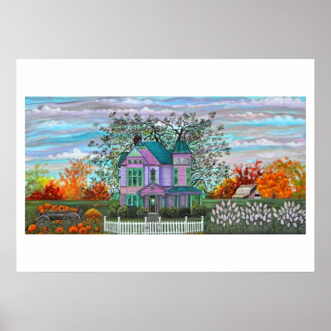Purple Victorian House Wagon Pumpkins Fall Trees Poster (Front)