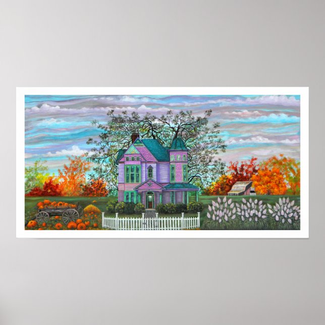 Purple Victorian House Wagon Pumpkins Fall Trees Poster (Front)