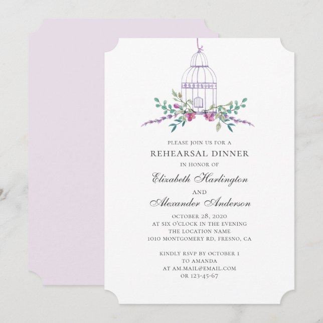 Purple vintage birdcage. Floral rehearsal dinner Invitation (Front/Back)