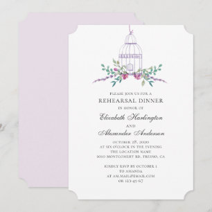 Purple vintage birdcage. Floral rehearsal dinner Invitation