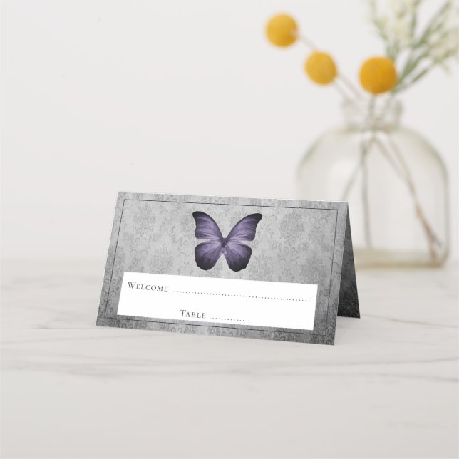 Purple Vintage Butterfly Damask Reception Place Card (Front)