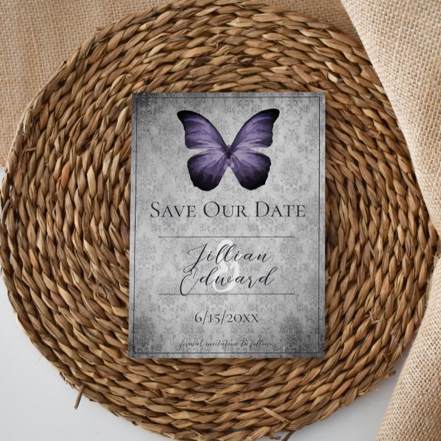 Purple Vintage Butterfly Damask Save the Date Announcement (Purple Vintage Butterfly Damask Save the Date)