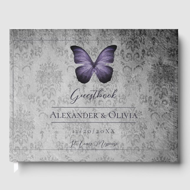 Purple Vintage Butterfly Damask Wedding Guest Book (Front)