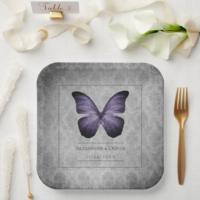 Purple Vintage Butterfly Damask Wedding Paper Plate (Wedding)