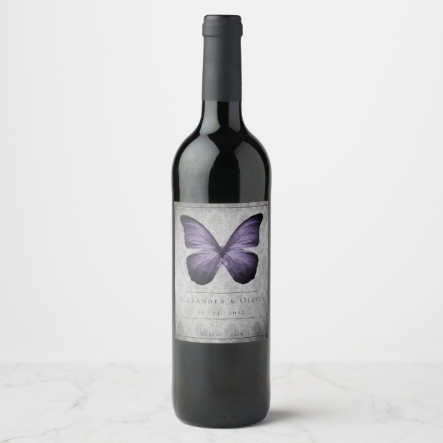 Purple Vintage Butterfly Damask Wedding Wine Label (Front)